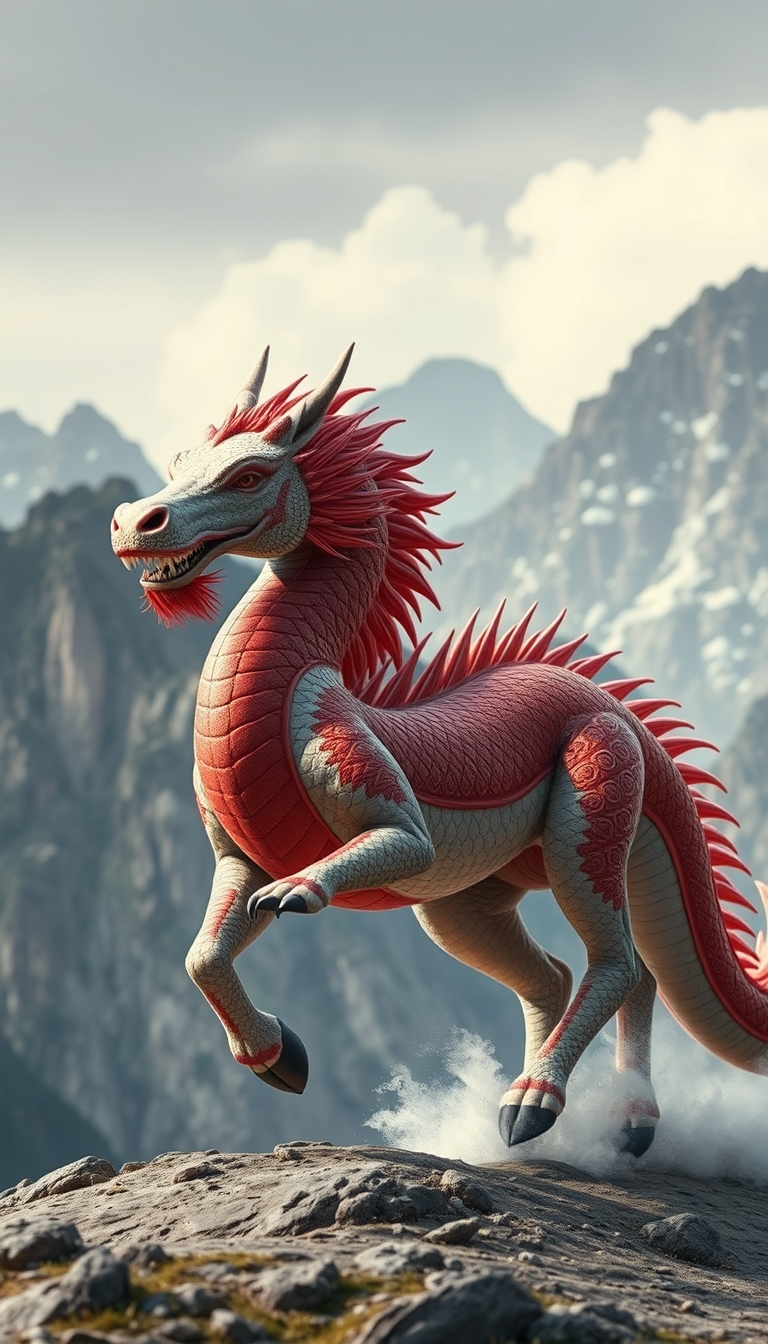 (((ultra realistic))) an oriental dragon combined with a horse body, China mountain background. realistic photo.