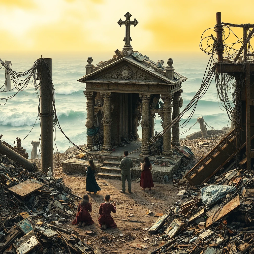 post-apocalypse landscape, ruins, rust, several people pray near a temple made from garbage, broken wires, toxic waste, yellow haze, an atmosphere of decay, the ocean is raging in the background