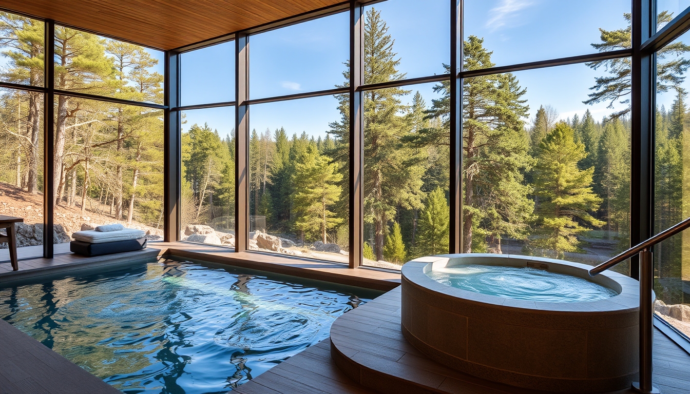 A luxurious spa with glass walls, overlooking a serene forest landscape.