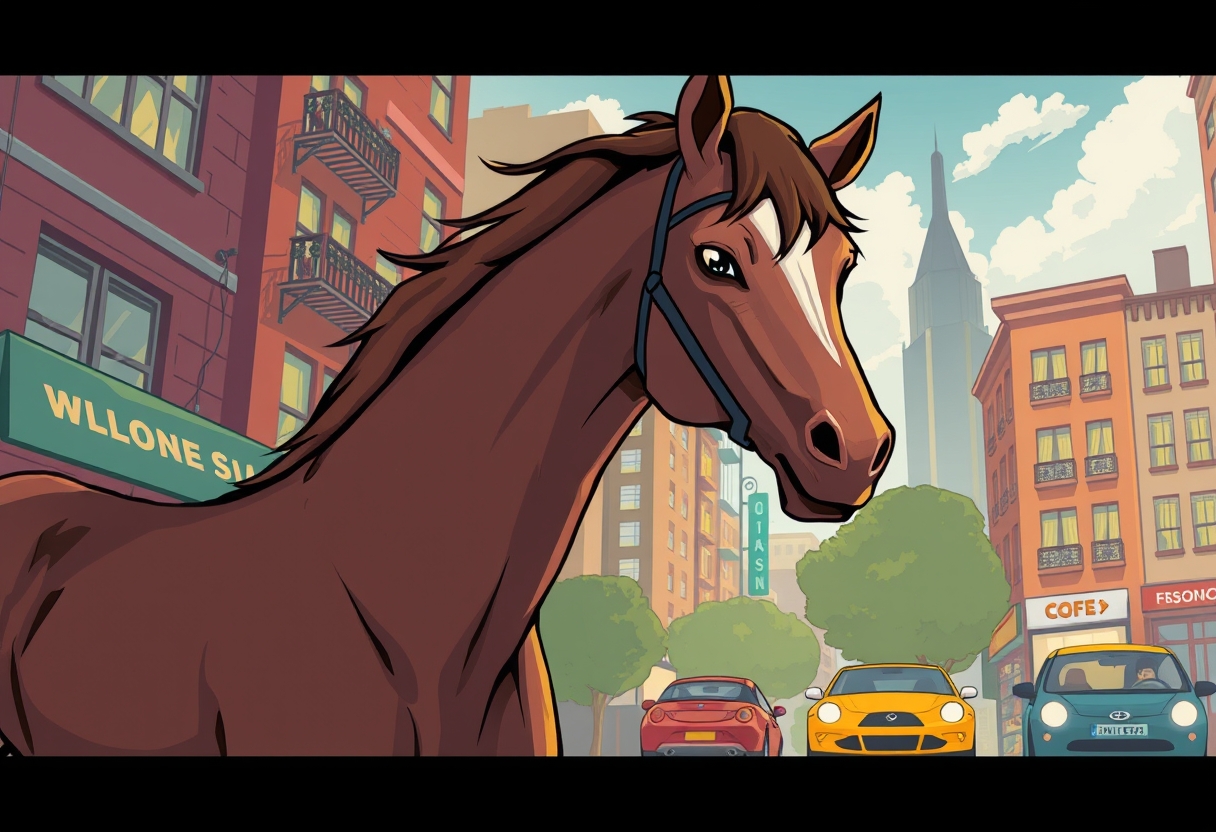 A horse in the city, illustration.