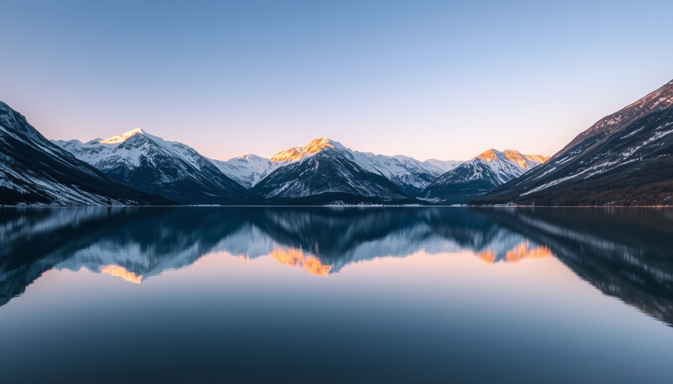 A glassy lake reflecting a snow-capped mountain range at dawn. - Image