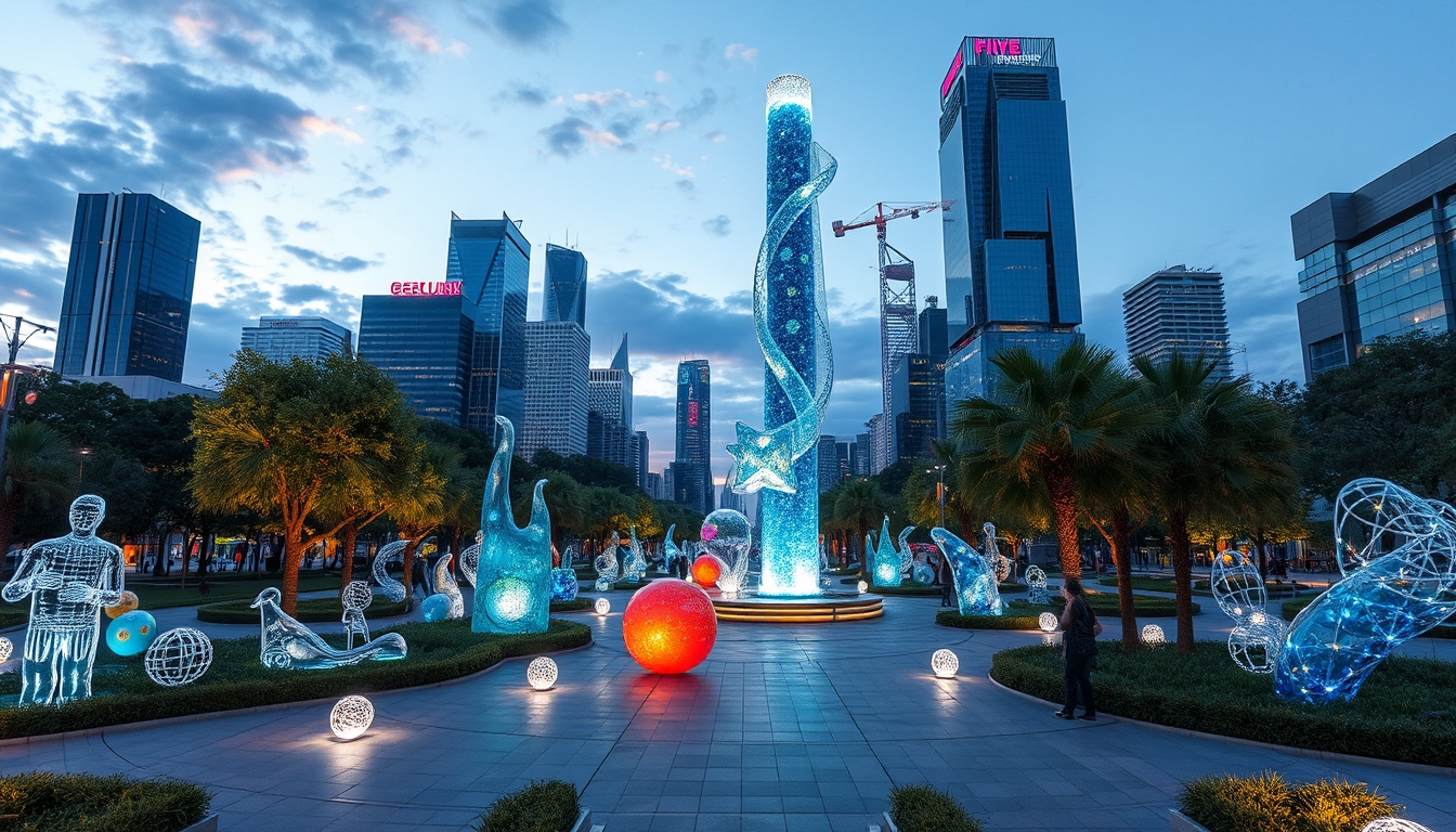 A futuristic city park with glass sculptures and interactive installations.