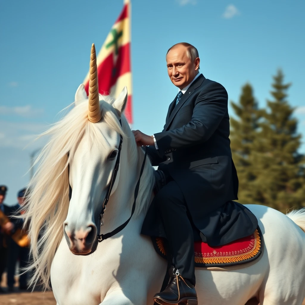 Vladimir Putin rides a unicorn, photography, dynamic shot.