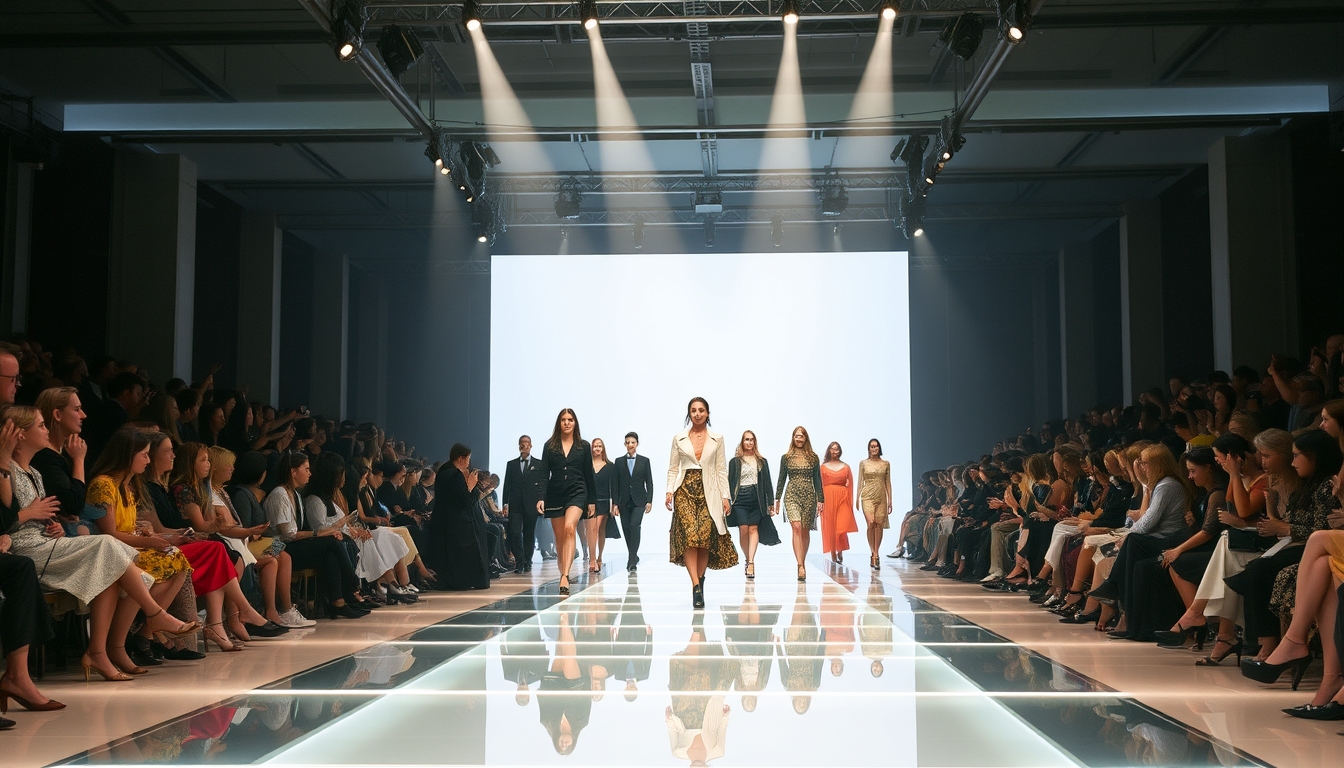 A high-end fashion show with models walking down a glass runway.