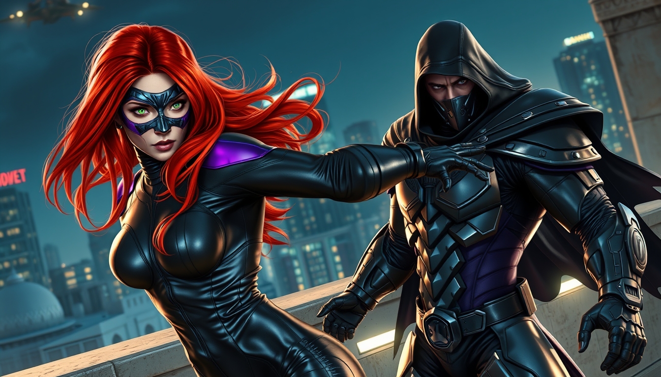 female redhead with green eyes and a black metallic mask that covers her face, wearing metallic black and purple futuristic spandex, is throwing a punch at a tall man in heavy metallic armor with a black hood and cape on a futuristic nighttime rooftop, in a dynamic and realistic manner. - Image