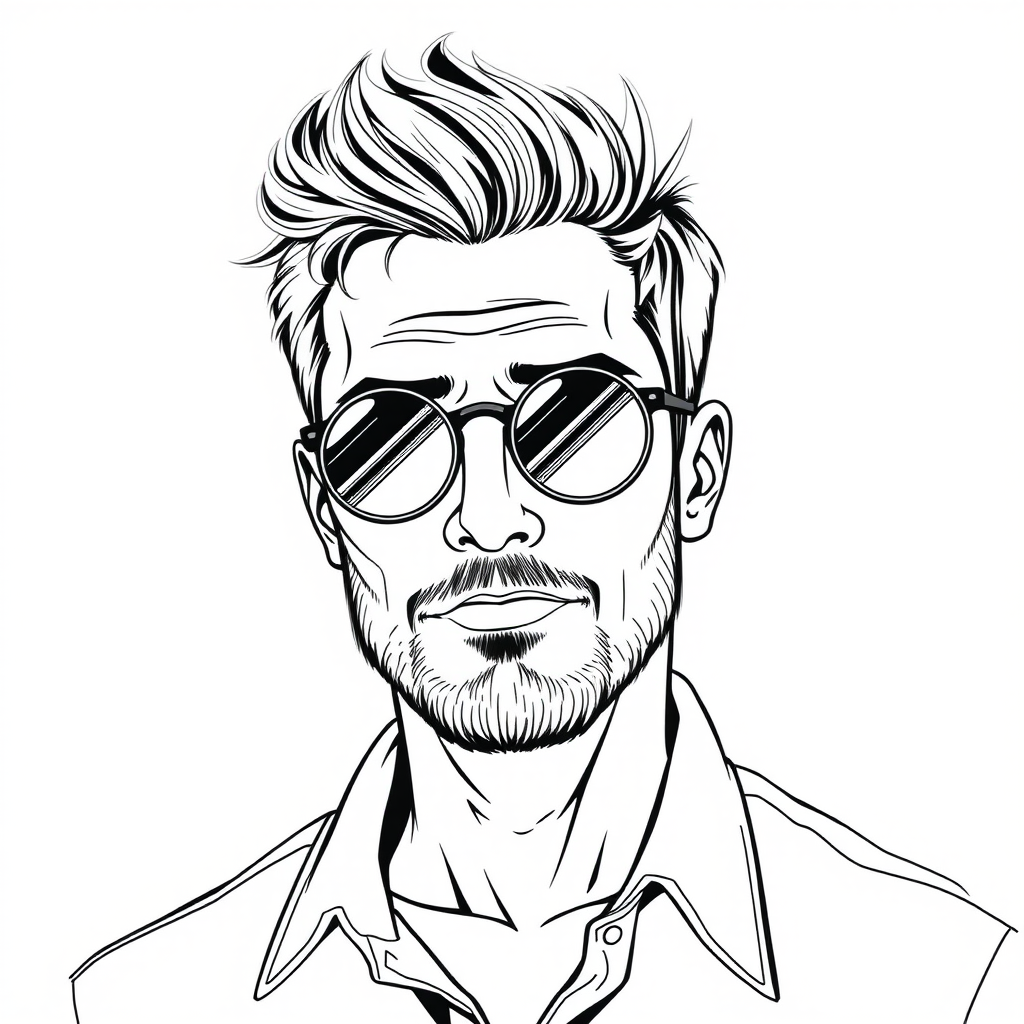 A cool line drawing of a man around 35 years old, with fresh short hair and round sunglasses, a slightly short beard on his chin, wearing a shirt, with a full face and clean, fresh skin. - Image