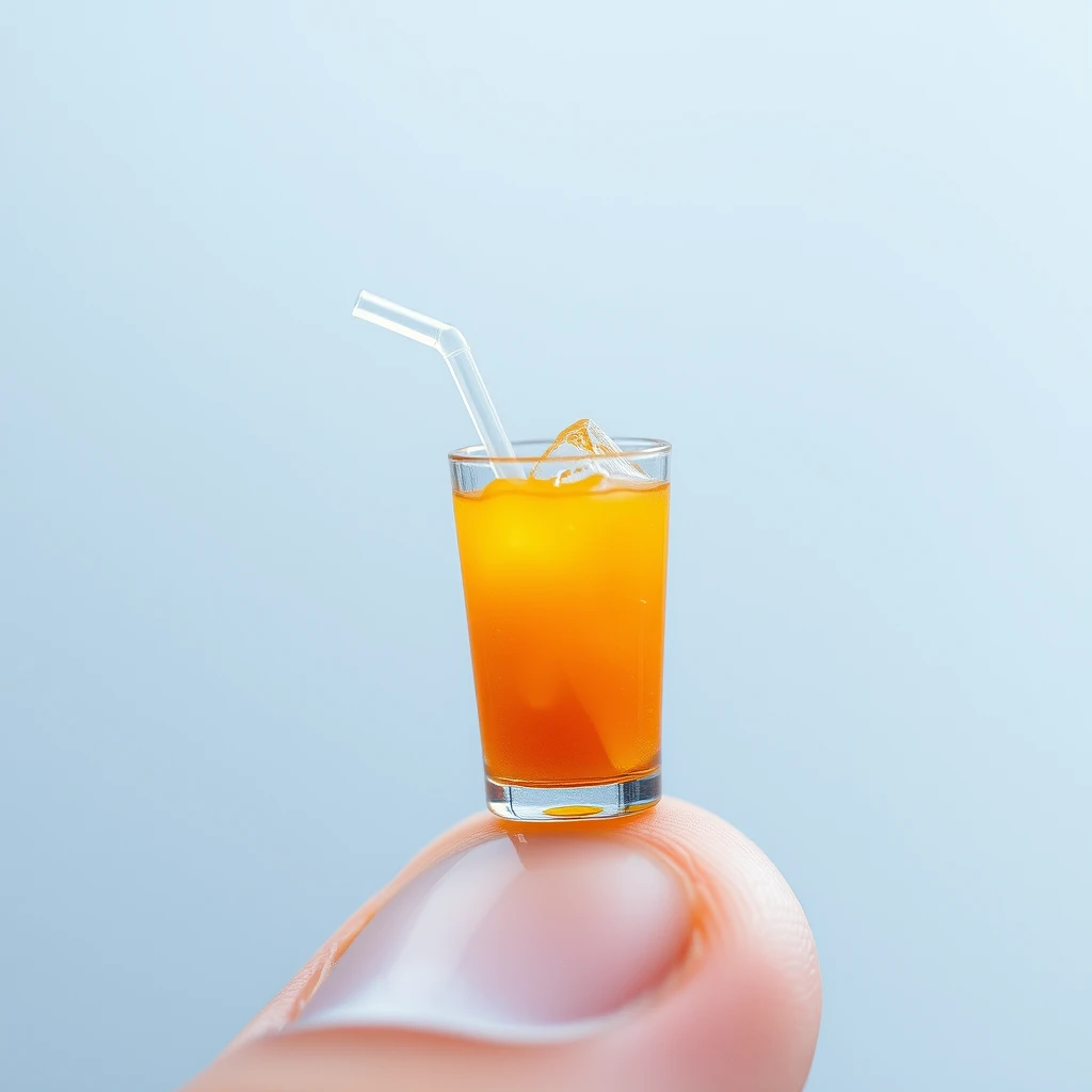 Extreme close-up macro photography depicting a very tiny miniature cup of orange juice, ice with a straw, standing on a fingertip.