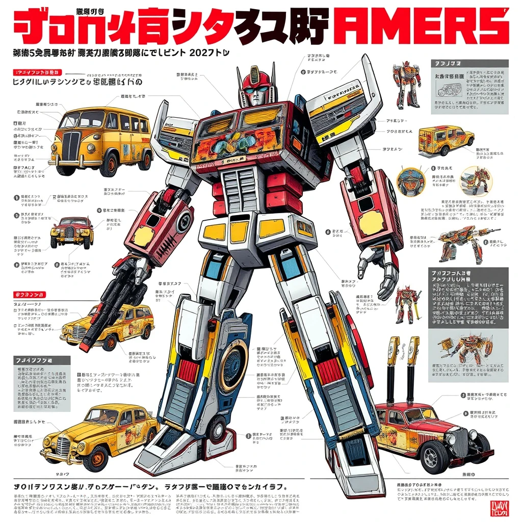 An infographic of a transformer's anatomy and structure, designed in the style of Katsuya Terada, with a sci-fi theme and detailed features on a white background. The style resembles Japanese vintage poster art, showing a full-body view with intricate character design. The depiction is highly realistic, featuring multi-layered narrative scenes and colorful mechanical parts, presented in a graphic illustration format. The design is reminiscent of Katsuhiro Otomo’s work. Additionally, the infographic showcases the step-by-step transformation process from vehicle to robot, highlighting each stage with detailed diagrams and annotations. - Image