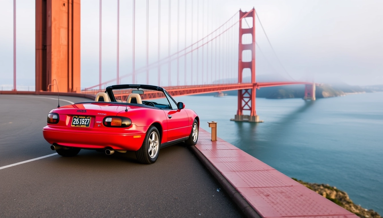 Red 1991 Mazda MX-5 on the Golden Gate Bridge.