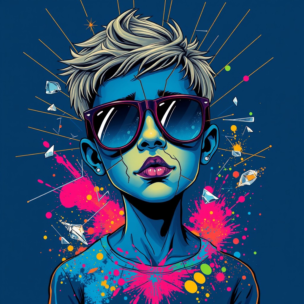 A boy with blue skin and an abstract broken face, wearing sunglasses, surrounded by glass breakage and gold lines in a dark blue background, colorful explosion of the spillage of powder. Illustration style, Andy Warhol style, Picasso style. - Image