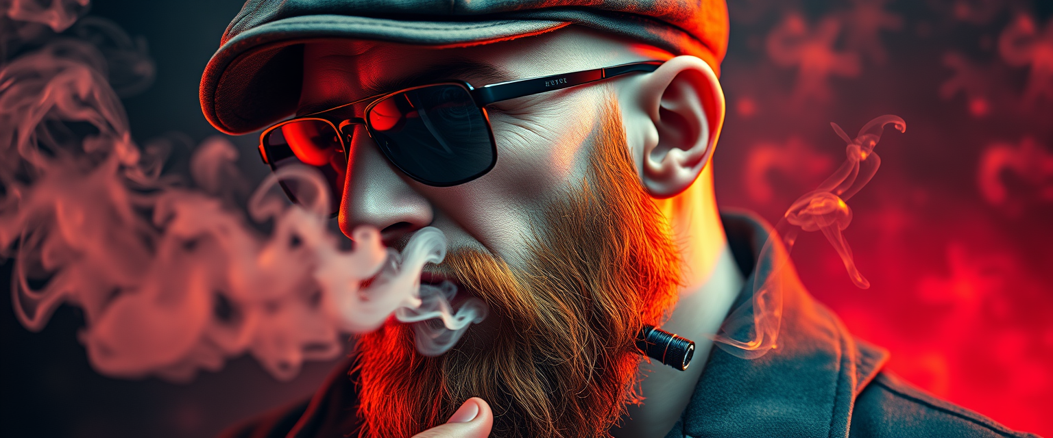 Three-quarter view of a sinister, bald human male with demonic features. Short ginger beard contrasts with dark eyebrows. Wears a weathered flatcap and reflective aviator glasses. Clutches a sleek vapemod, exhaling dense, swirling vapor clouds. Vibrant, e-liquid drips off his pale skin, creating a colorful aura. Hyper-realistic, high detailed. - Image