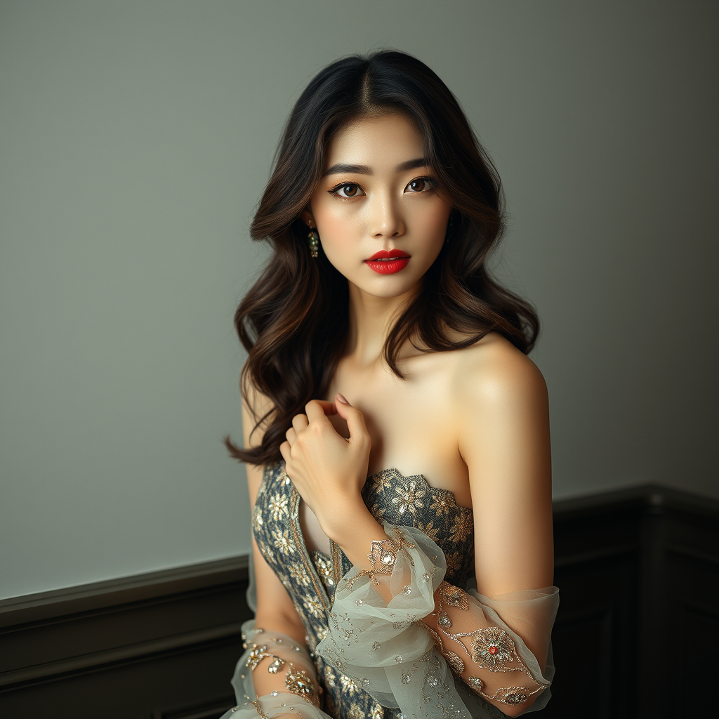 Graceful Korean model, exuding charm and poise, captured in a high-fashion photography setting that harmoniously combines artistic elements with a touch of allure. The image highlights a refined presentation of elegance, featuring high-definition textures and meticulous lighting, showcased in an elegant aspect ratio, full-body.