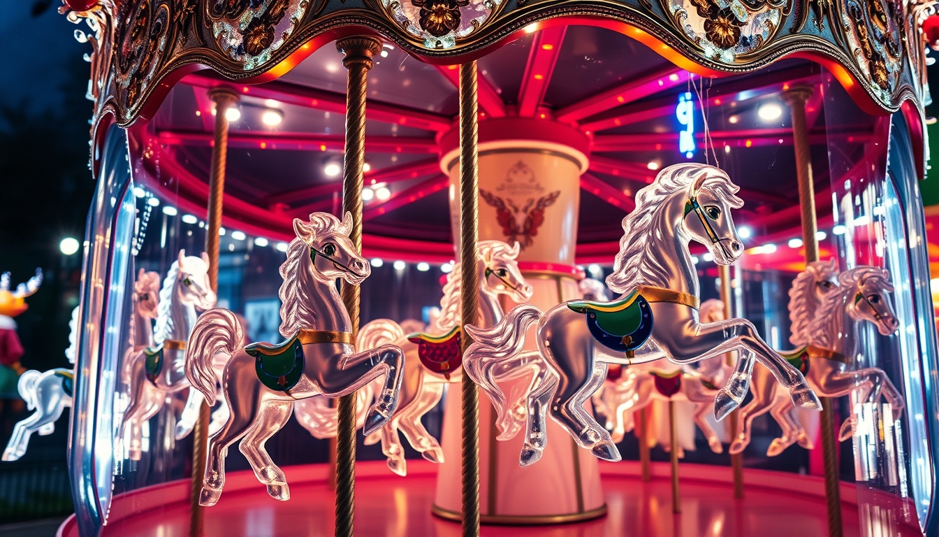 A whimsical glass carousel with beautifully detailed animals, lit up at night.