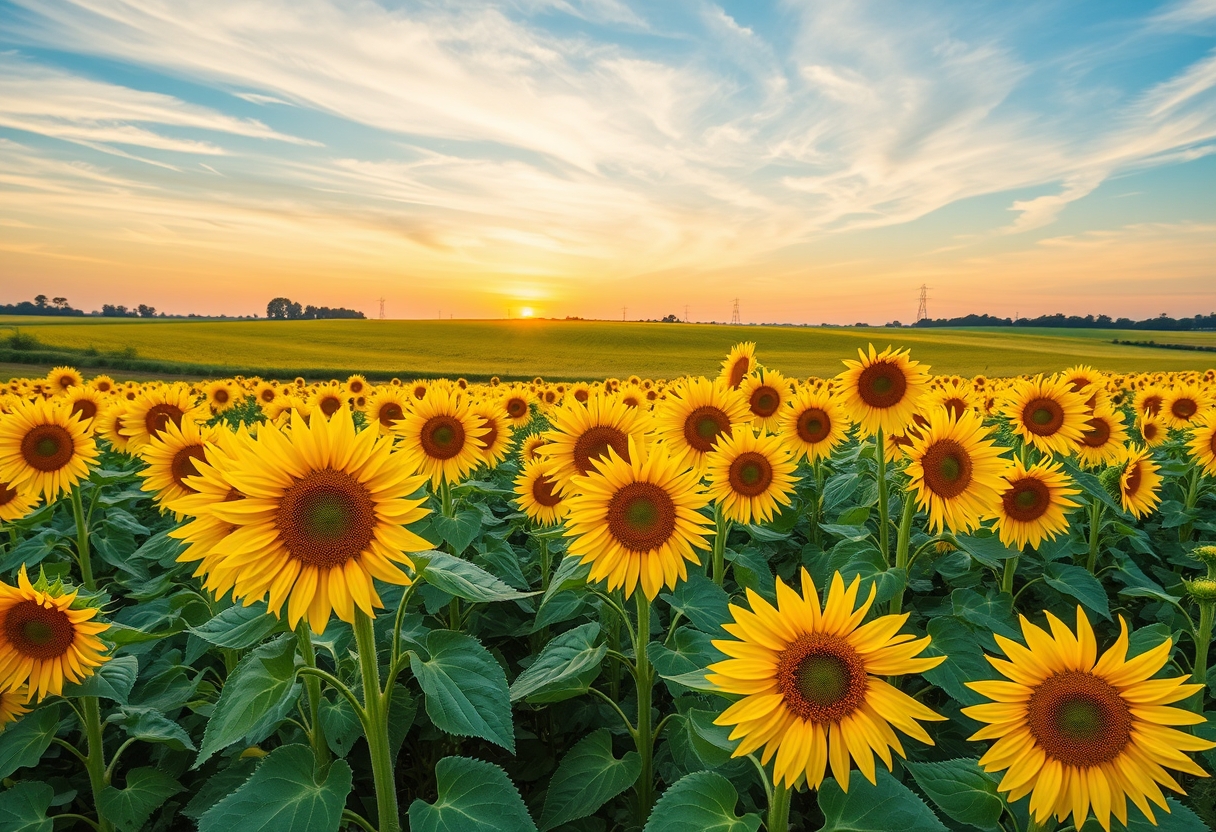 Vibrant, sunflower fields, golden blooms, high quality, photorealistic, summer, cheerful, idyllic, rural, panoramic, breathtaking, blue skies, windblown fields, sunset, floral arrangements.