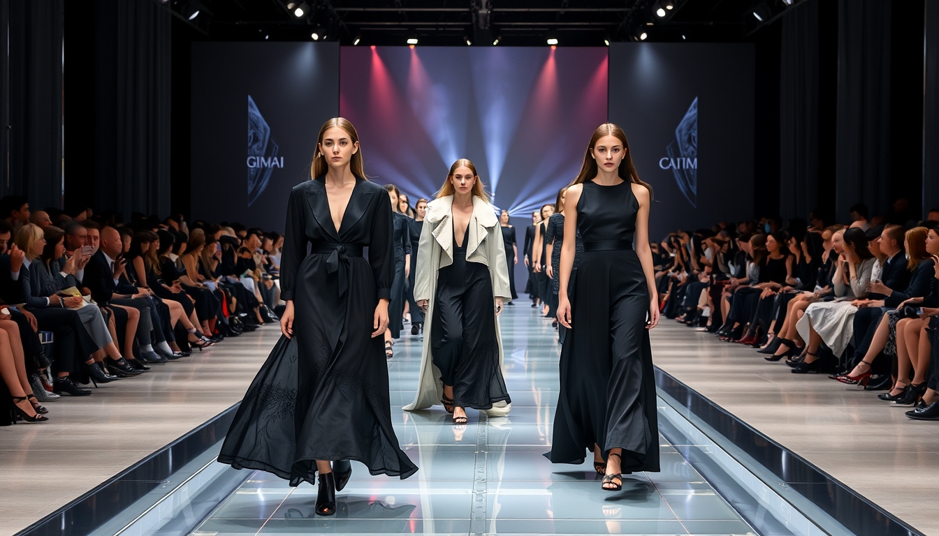 A high-end fashion show with models walking down a glass runway.