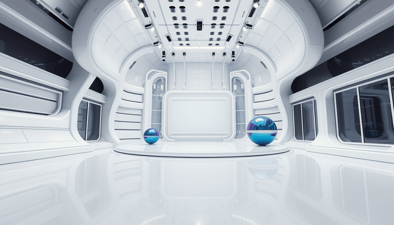 An eye-level, wide-angle shot of an empty fantasy, futuristic, and alien virtual TV studio that features horizontally and vertically curved structures covered in white metallic reflective material. There are no people in it, only a stage, a massive TV screen with white metallic frames, and many transparent glass partitions. In the background, there are a few spherical blue and purple objects with reflective, metallic surfaces that resemble large, smooth capsules. These objects are positioned on a sleek, ultra-white shiny floor that reflects their surfaces. The focus is the sleek horizontally and vertically curved architecture covered in white metallic reflective material, the stage, and the TV stand. - Image