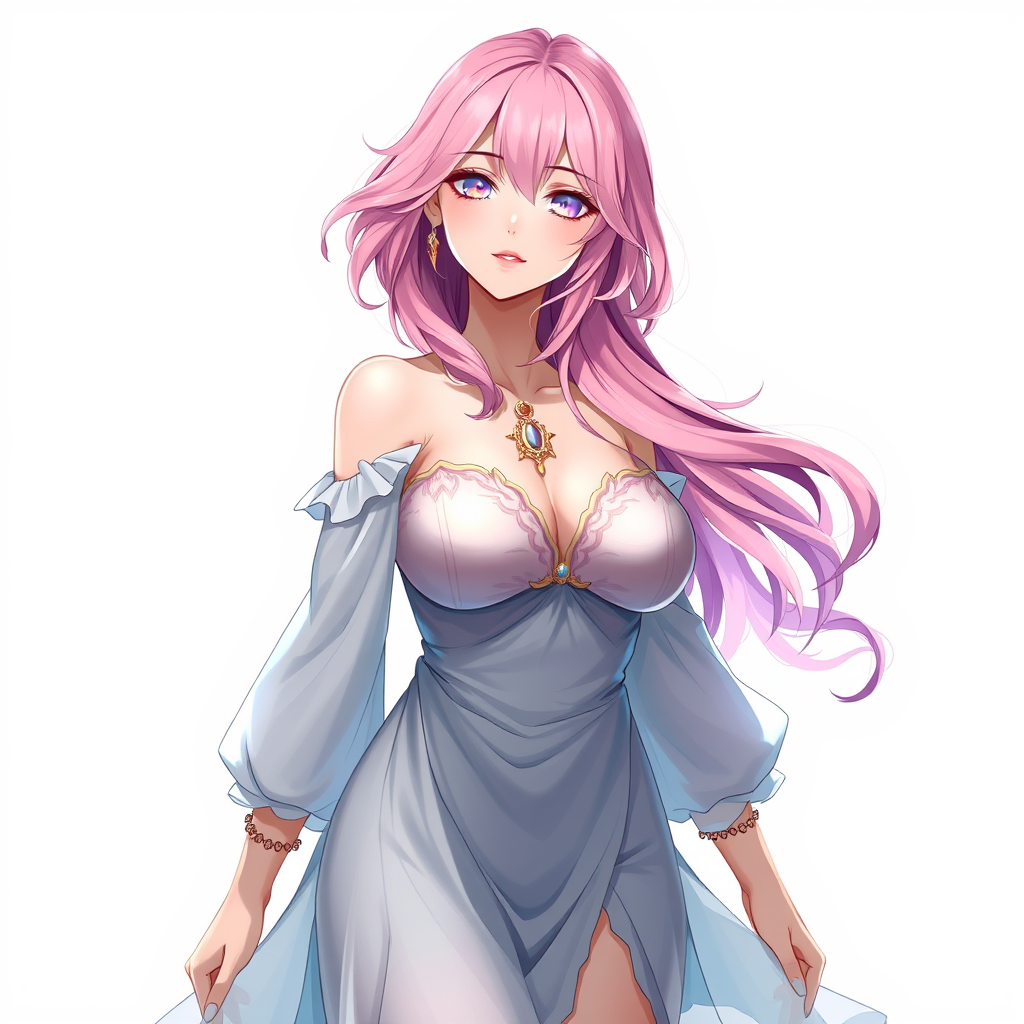 Anime art of a motherly woman, pink hair, fantasy dress, large breasts, natural reflective, detailed body, standing, white background, stunning details, trending on artstation, anime artwork, illustration quality. - Image