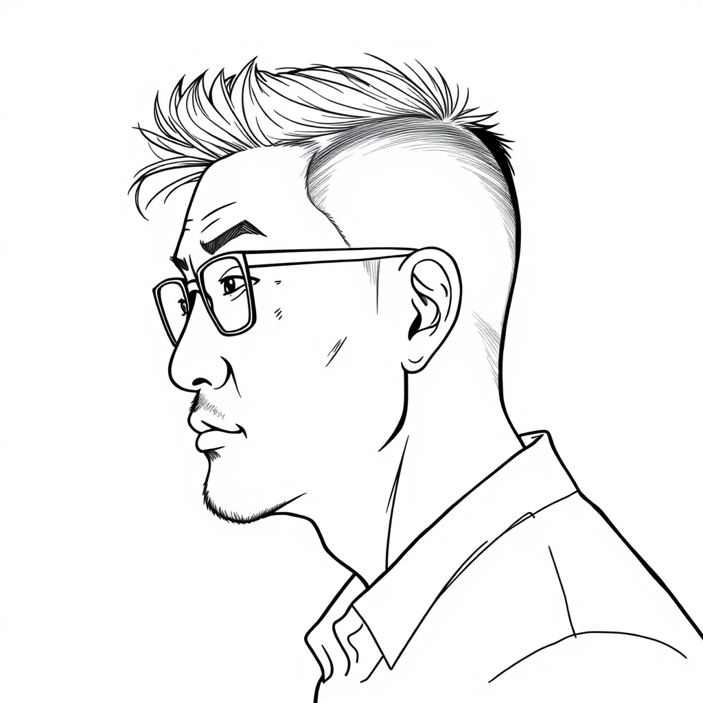 A cool line drawing of a 35-year-old man’s head, with short hair, a sturdy physique, in profile, Chinese, wearing framed glasses for nearsightedness, has a slightly short beard, wearing a shirt, with a somewhat rogue charm, and his face has a sense of contour and fullness. - Image