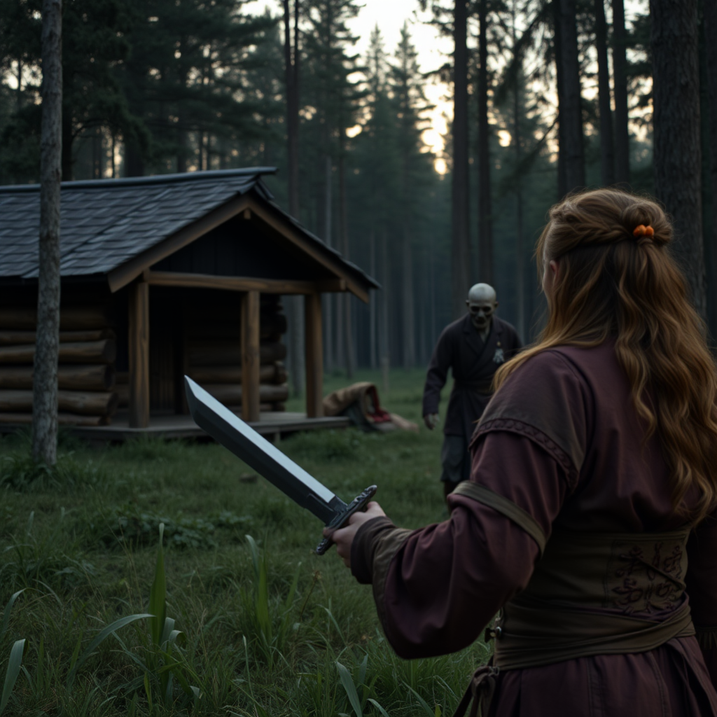 Real-life photography, long shot: In the evening, in the forest, there is a wooden cabin, and not far away, a female barbarian is holding a dagger, looking at two zombies in the distance. The zombies are dressed. There are Chinese characters or Japanese characters.