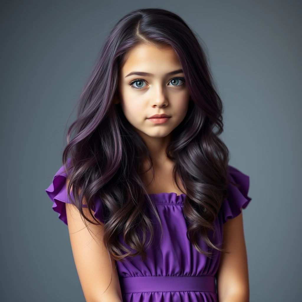 Teenage girl with a model appearance, featuring violet hair, wearing a violet dress, and having dark blue eyes; professional full-body photo.