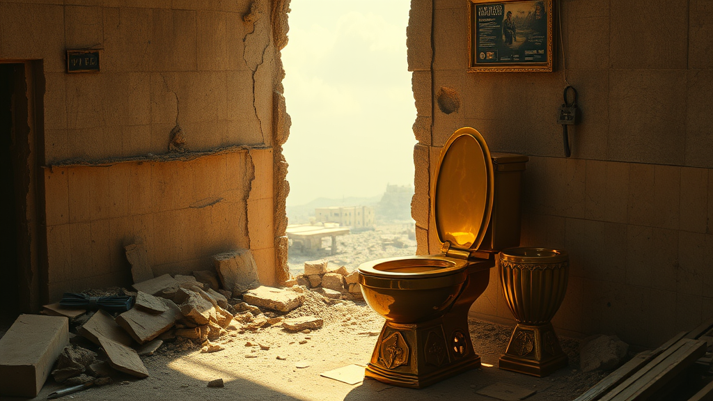 In the post-apocalyptic ruins, there is a flush toilet made of gold. - Image