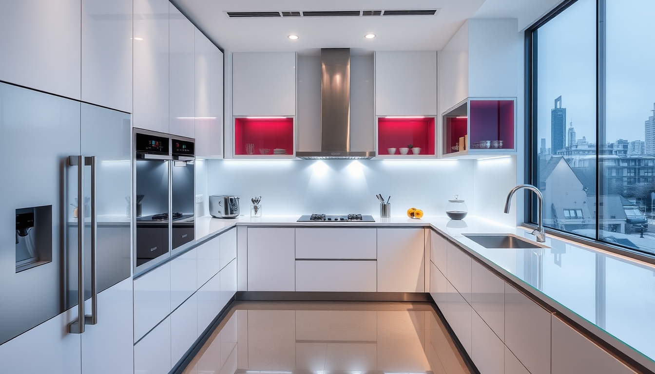 A sleek, modern kitchen with glass countertops and futuristic appliances.