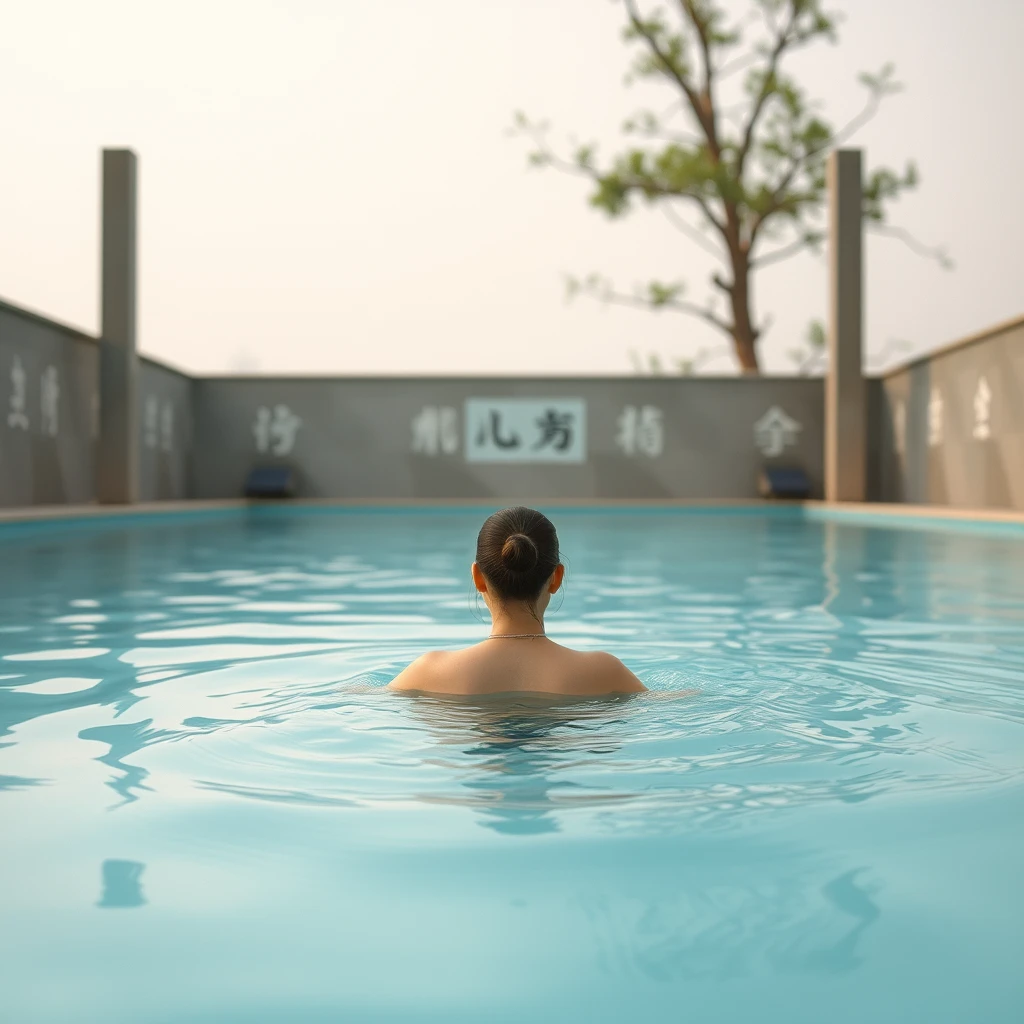 A strange swimming pool, with a young woman swimming in it, in the distance, we are far from the pool, there are Chinese or Japanese characters. - Image