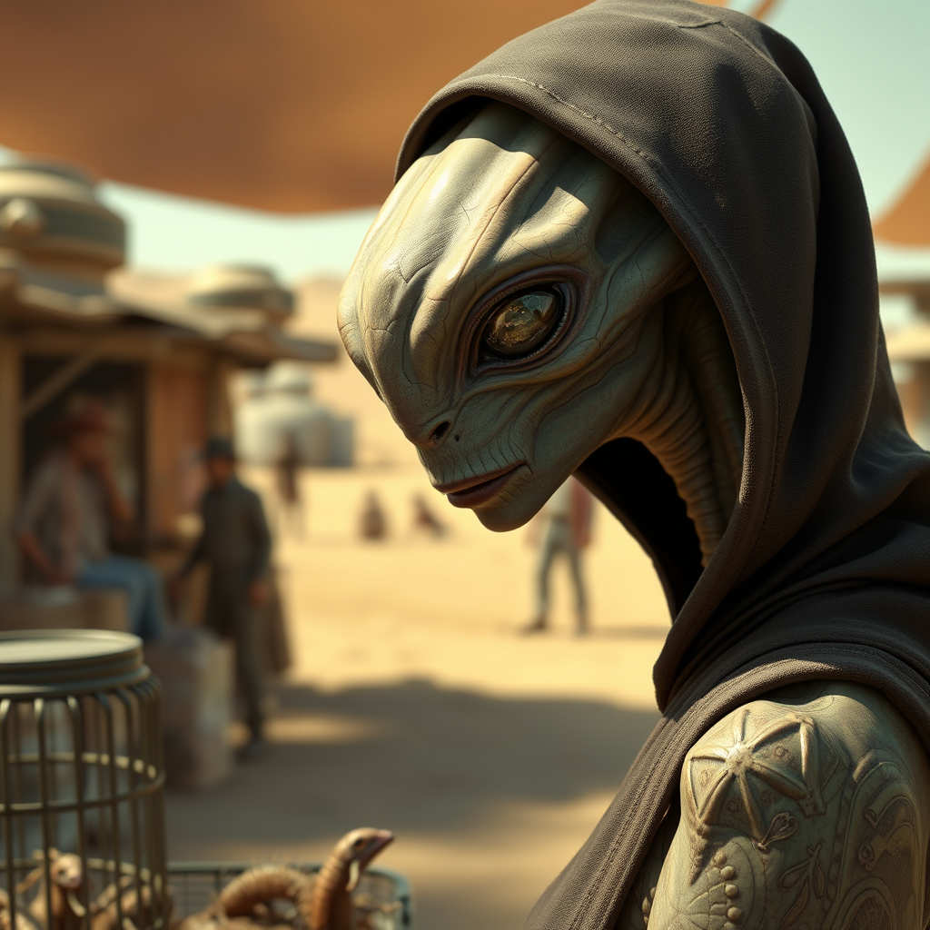 Very slim and tall female alien creature merchant in the desert market of an alien planet, suspicious look, hooded, hyper-realistic, selling caged alien vermin, western shot. - Image