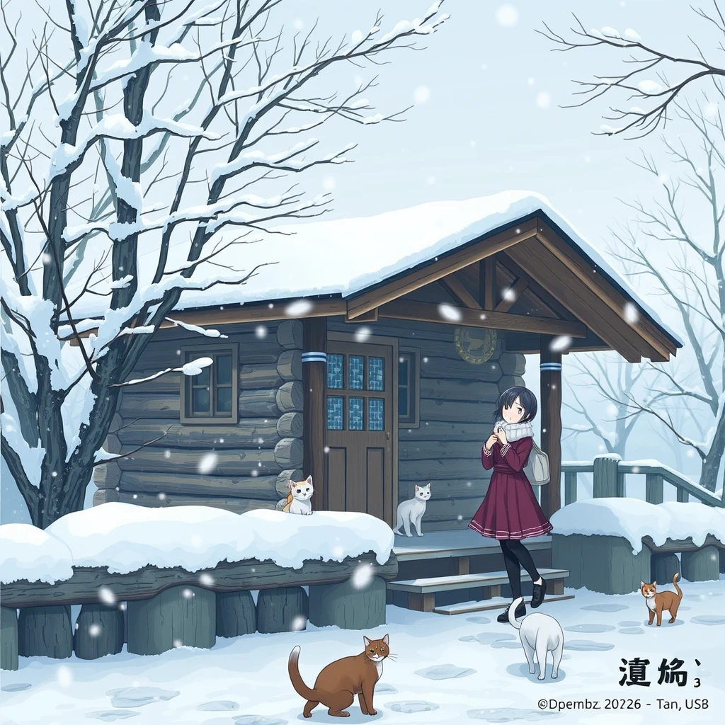 "Snowing, there is a wooden cabin, female students wearing skirts, cats, Chinese characters or Japanese." - Image