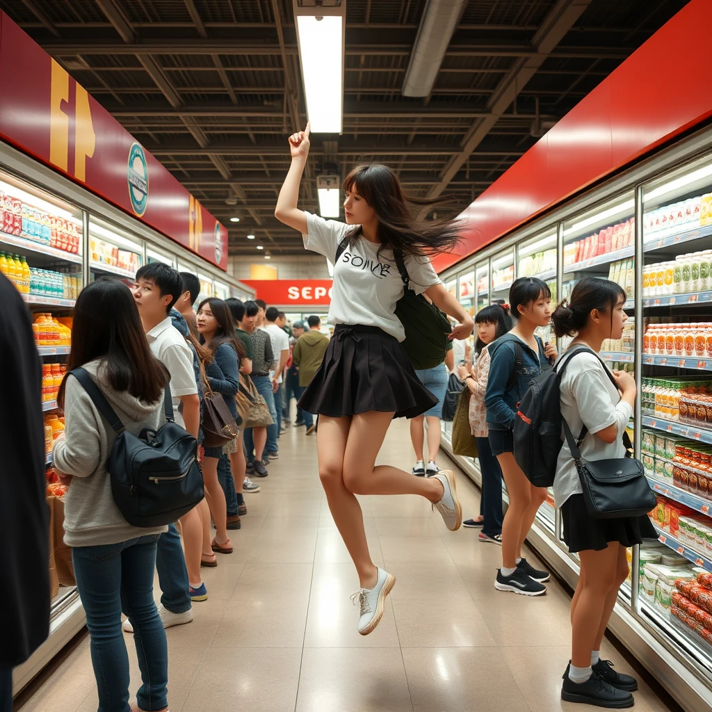 In the supermarket, there were many people, and one Japanese female student wearing a short skirt flew up, and you could see her shoes. - Image