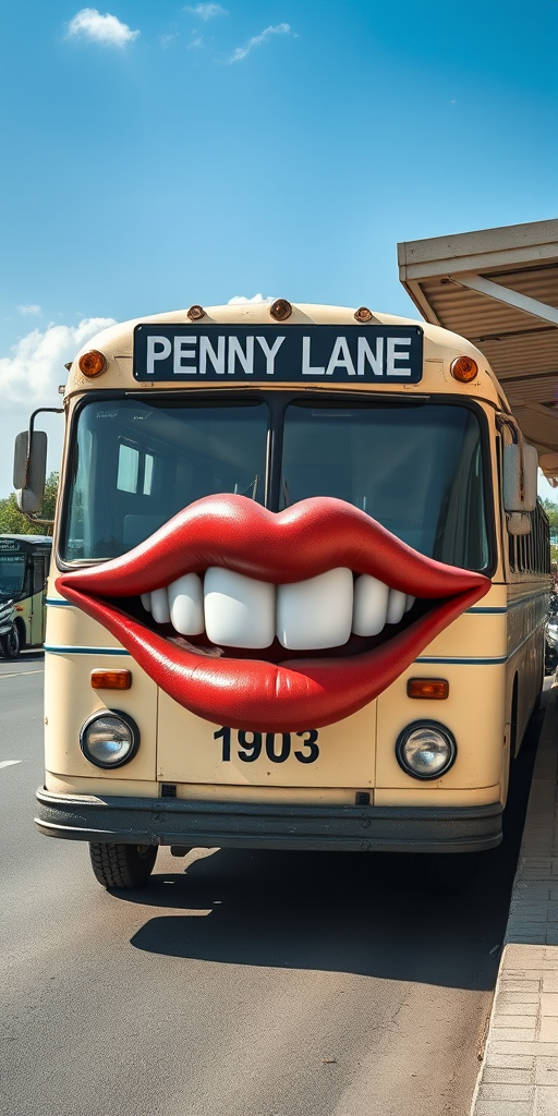 Surreal and whimsical image featuring a vintage bus parked at a bus station. The bus has a cream-colored exterior with a slightly weathered look, and the number '1903' is displayed on the front. The most striking feature is the large, exaggerated set of lips and teeth superimposed on the front of the bus, resembling a face with headlights as eyes and giving it a cartoonish and humorous appearance. The bus station has a covered area with a high roof, and there are other buses and motorcycles visible in the background. The bus destination sign reads 'PENNY LANE' in white text on a black background. The overall scene is bright and clear, with a blue sky and some clouds visible.