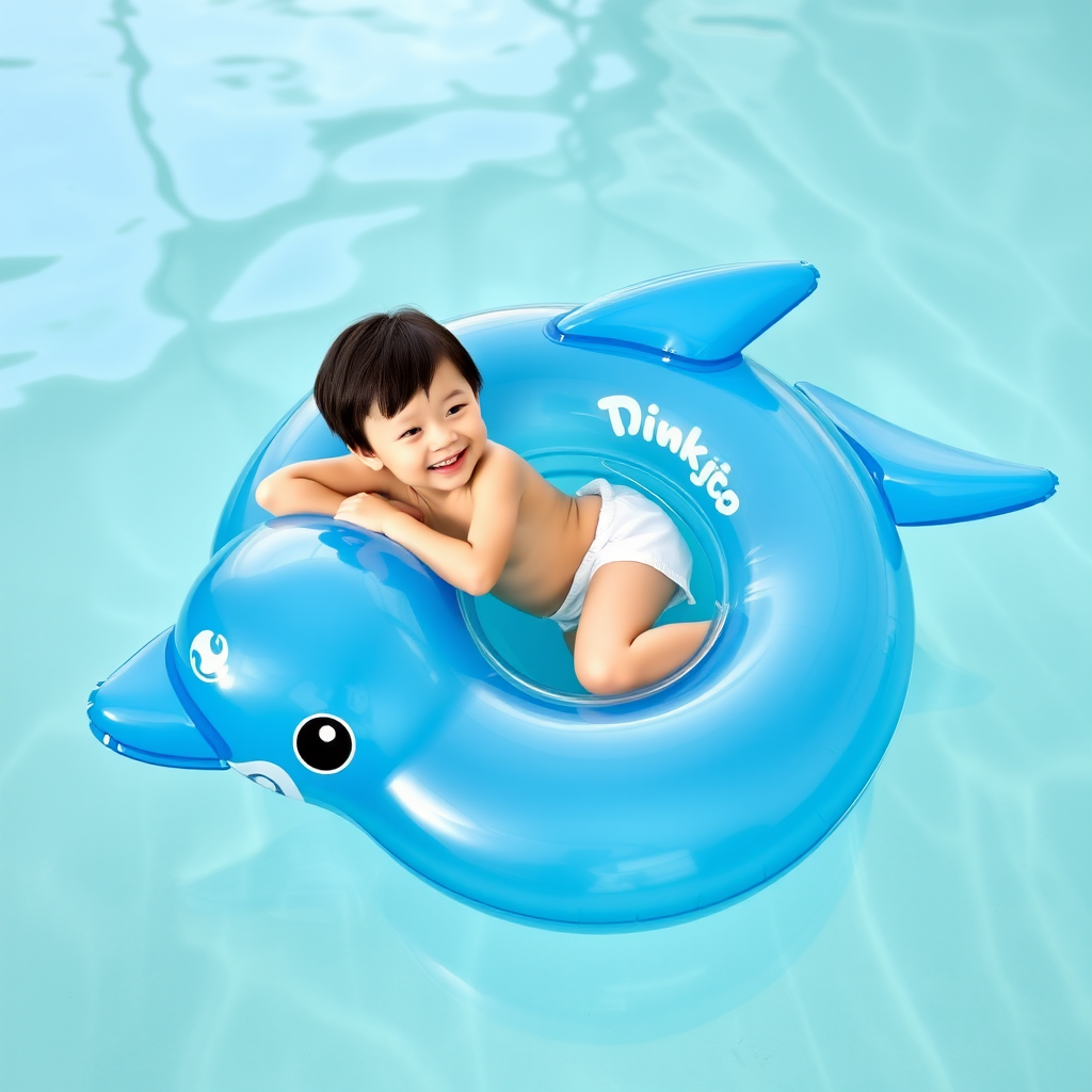 Kid, lying on a blue transparent inflatable dolphin float in the home pool.