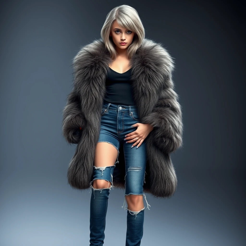 A teenage woman in an expensive fluffy fur coat, torn jeans, and high heels. Appearance: cool gray hair and large blue eyes, arrogant look.