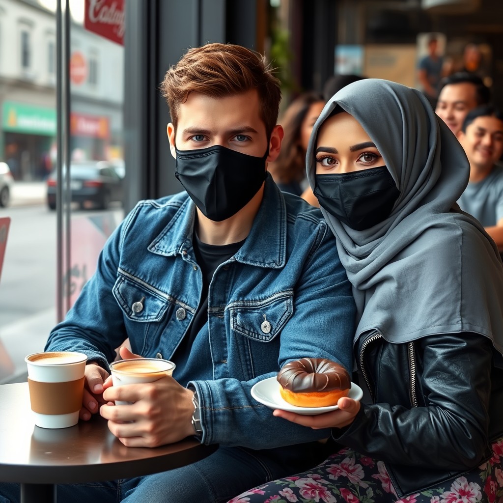 Jamie Dornan's head and body shot, handsome, black face mask, blue jeans jacket, jeans, dating a Muslim girl in a grey hijab with beautiful eyes, black face mask, black leather jacket, the biggest floral skirt, at a café, 2 cups of latte, muffin cake, chocolate donut on a table, with another 3 friends smiling in the background, photorealistic, hyper-realistic, street photography, selfie. - Image