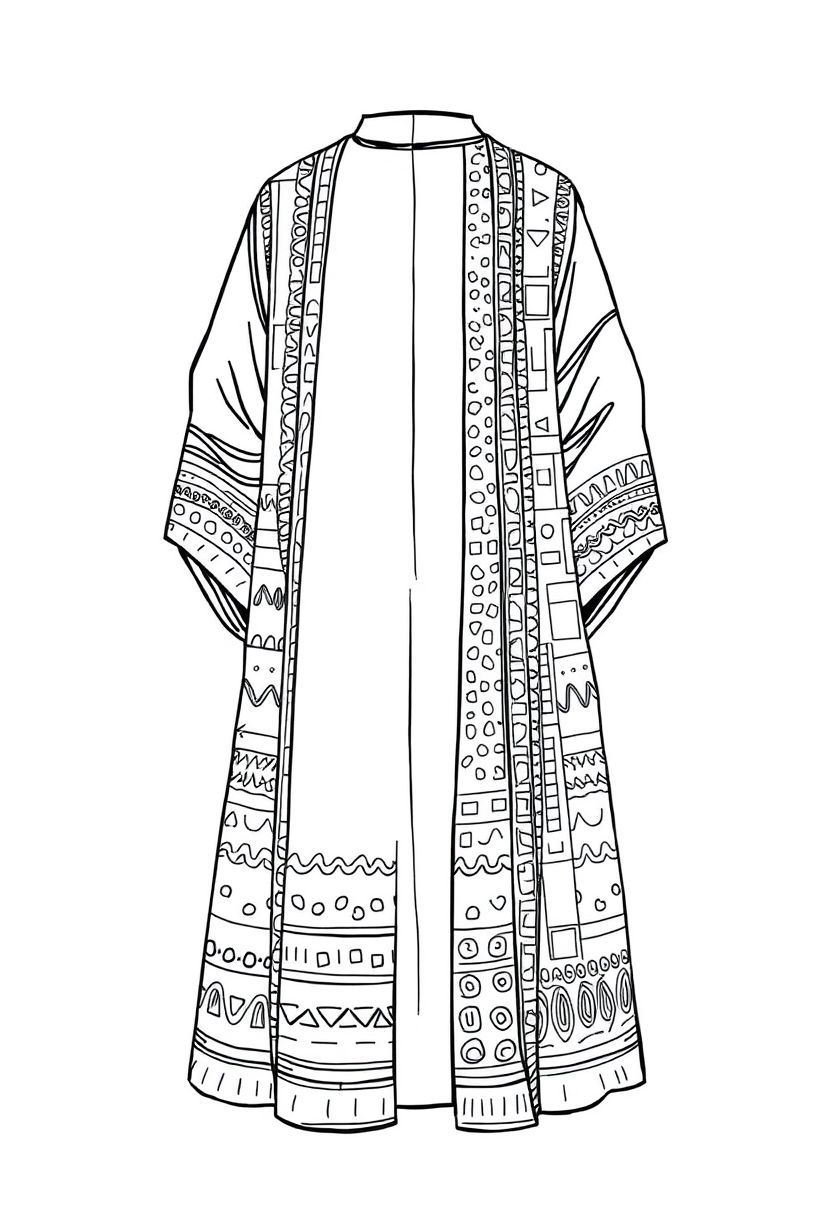 Detailed outline drawing of Joseph's coat of many colors: A long, flowing robe with distinct panels. Each panel should have a different pattern (stripes, dots, waves, etc.) to represent various colors. The coat should be empty as if on display.