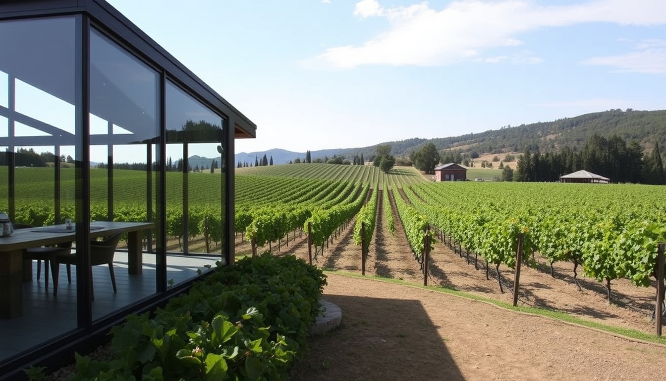 A picturesque vineyard with a glass-walled tasting room overlooking the grapevines.