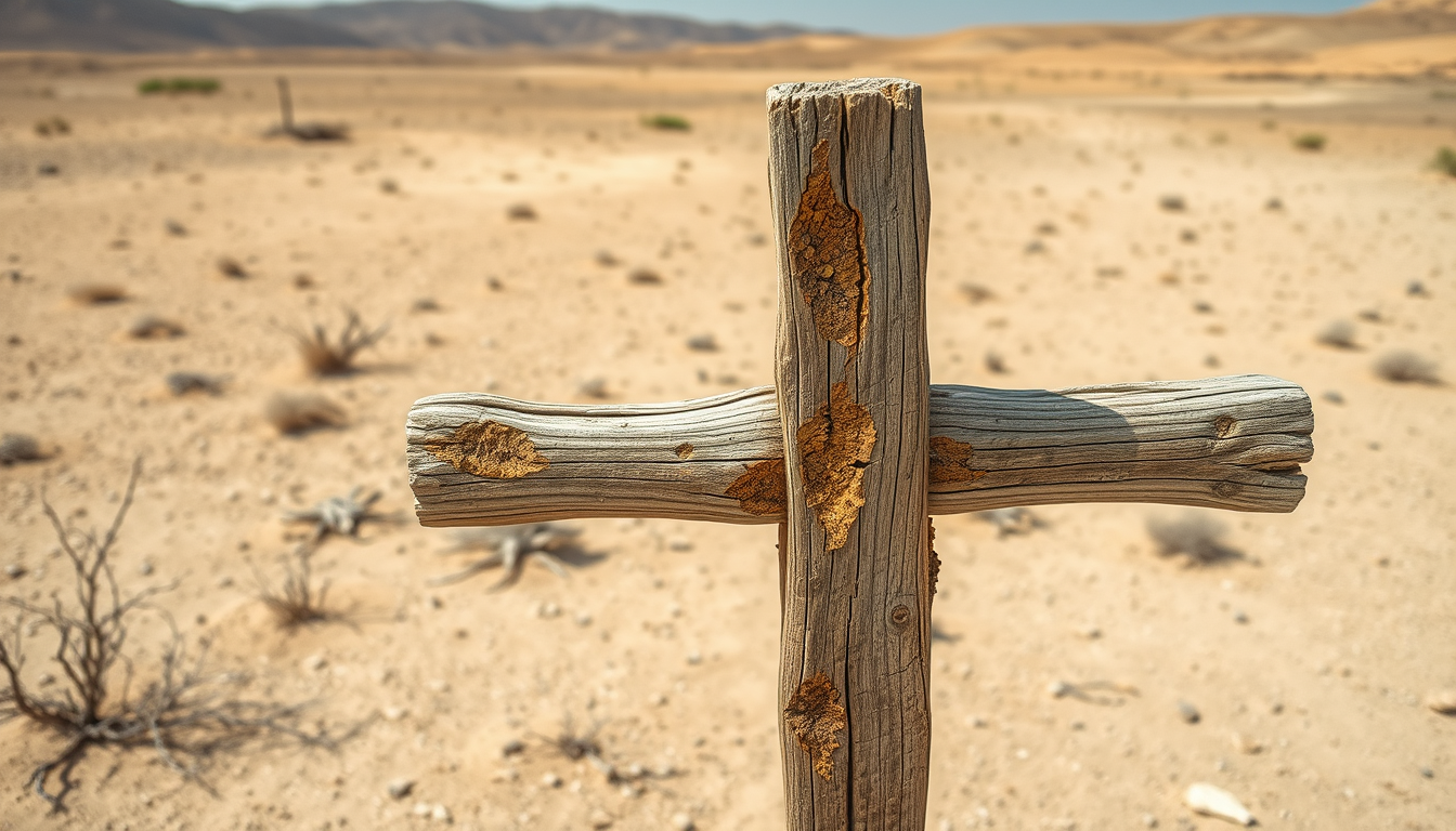 A wooden cross where the wood has visible bad fungal degradation. The cross is standing in a barren desert landscape. The overall feel is depressing and desolation. - Image