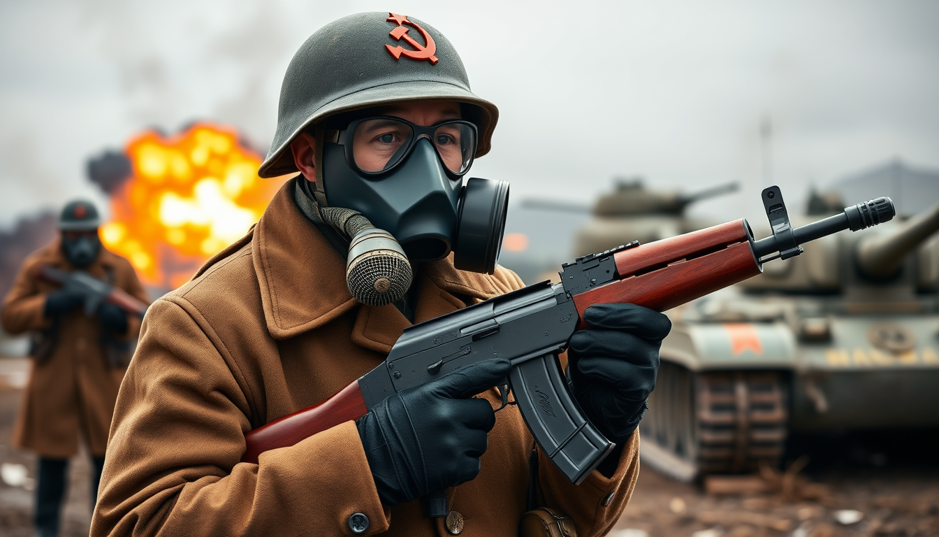 Generate a Soviet conscript soldier, wearing a gas mask with a tube connected to the air filter, wearing a Russian-style helmet with the red Soviet hammer and sickle logo, clad in a brown long coat, black leather gloves, and a brown leather belt, holding an AK-47 automatic rifle, standing on a battlefield, with similar soldiers in the background, an explosion occurring in the background, and Soviet T-54 tanks visible in the background, with the background blurred.