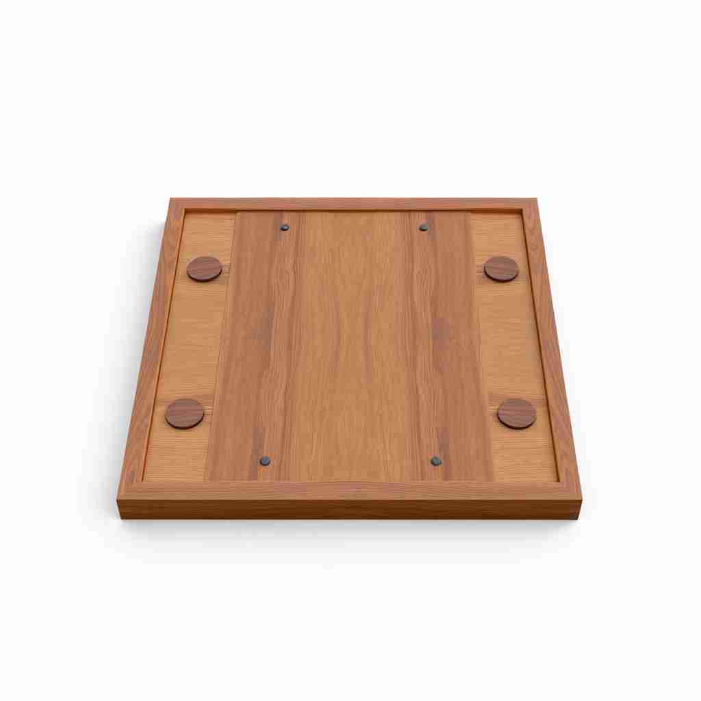 The image presents a 3D rendering of a board. The game board, made of wood, is the central focus of the image. It is a square board with a wooden top and a wooden bottom. Elegant brown color.