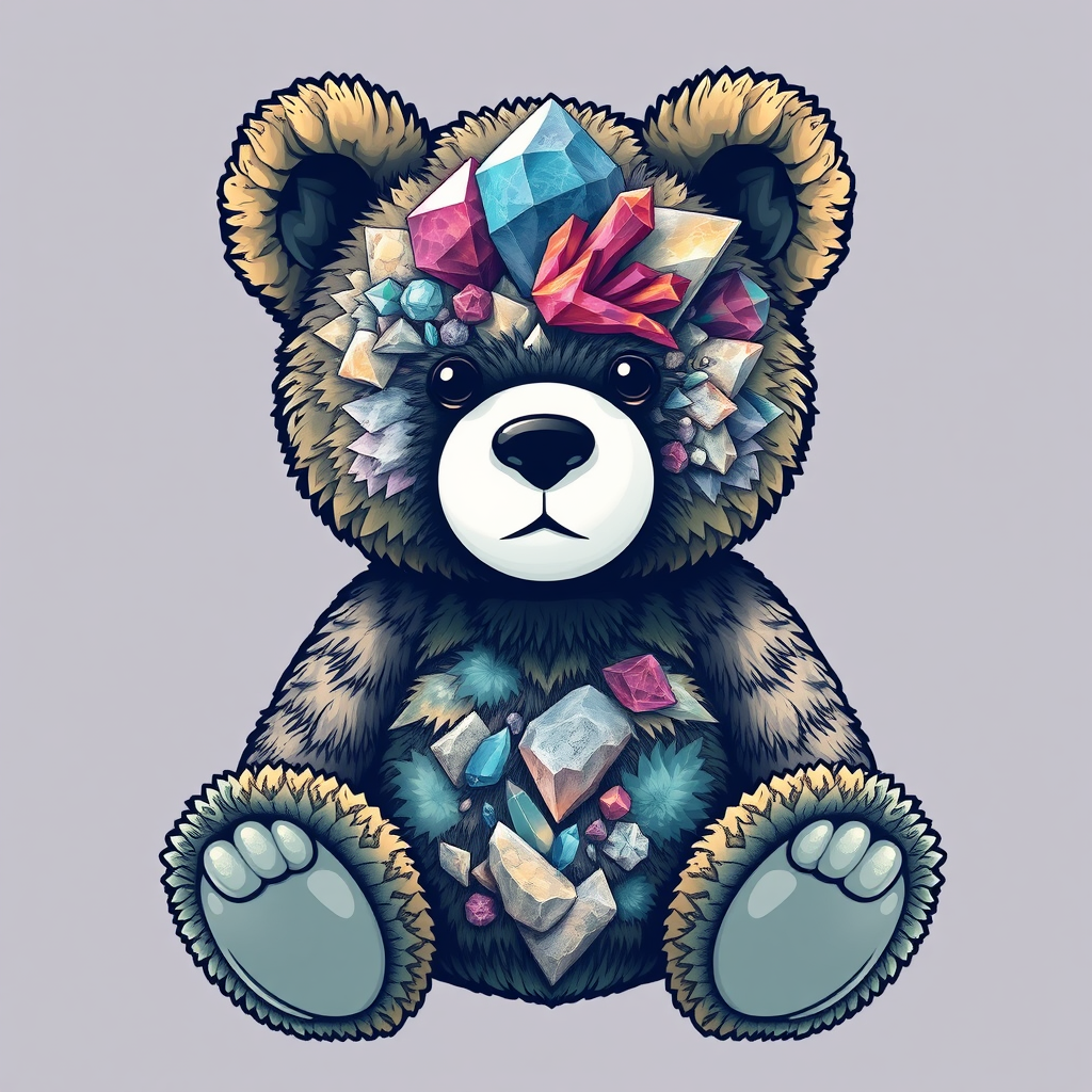 A tee shirt design of a teddy bear whose entire body and head are perfectly blended with a beautiful mineral.