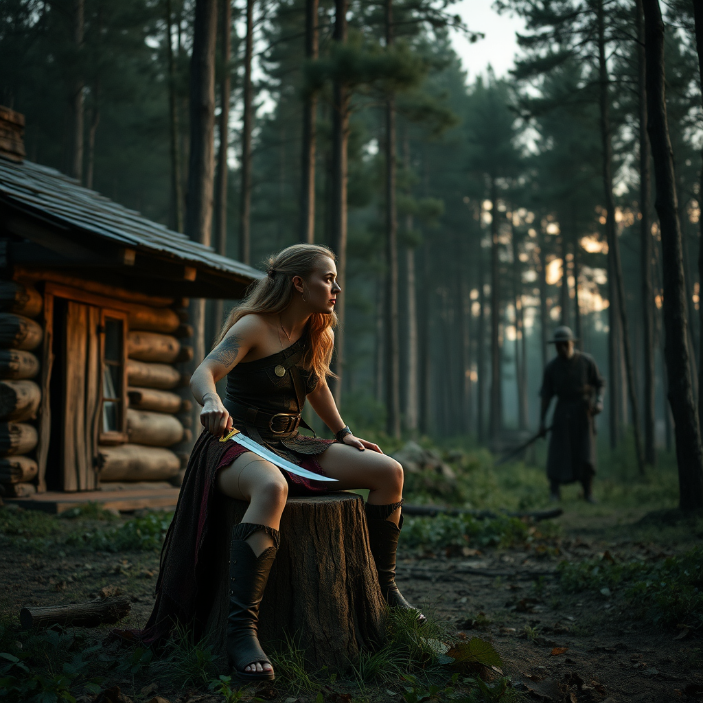 Real-life photography: In the evening, in the forest, there is a wooden cabin, and not far away, a female barbarian is sitting on a wooden stump, while another female barbarian is standing beside her. They each hold a dagger. In the distance, there is a dressed zombie wearing a hat, and they are watching the zombie.