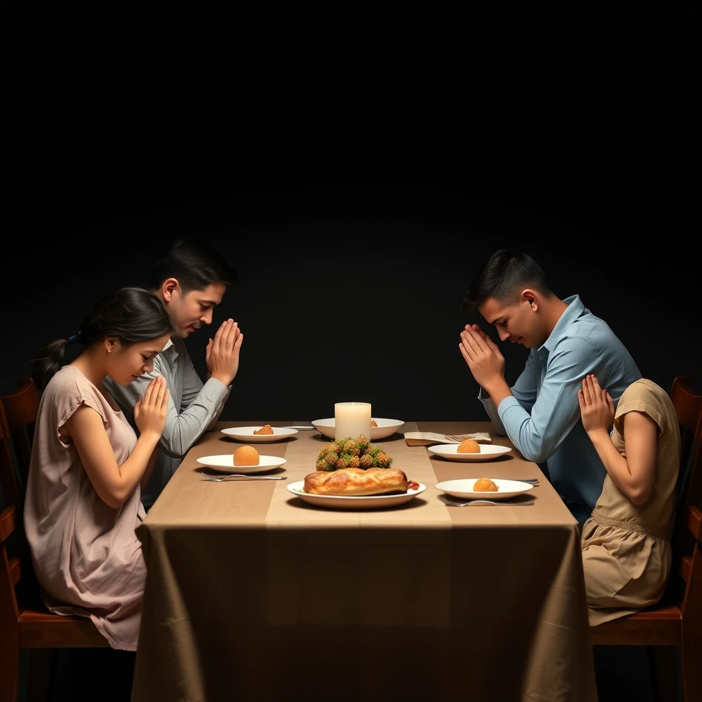 A family sitting together around a dining table praying, photorealistic, 1:1 ratio, serene, dark background, plenty of whitespace around the subject, no deformed arms, no extra arm, casual clothing.