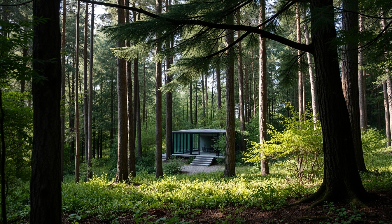 A tranquil forest scene with a hidden glass house blending into the surroundings.