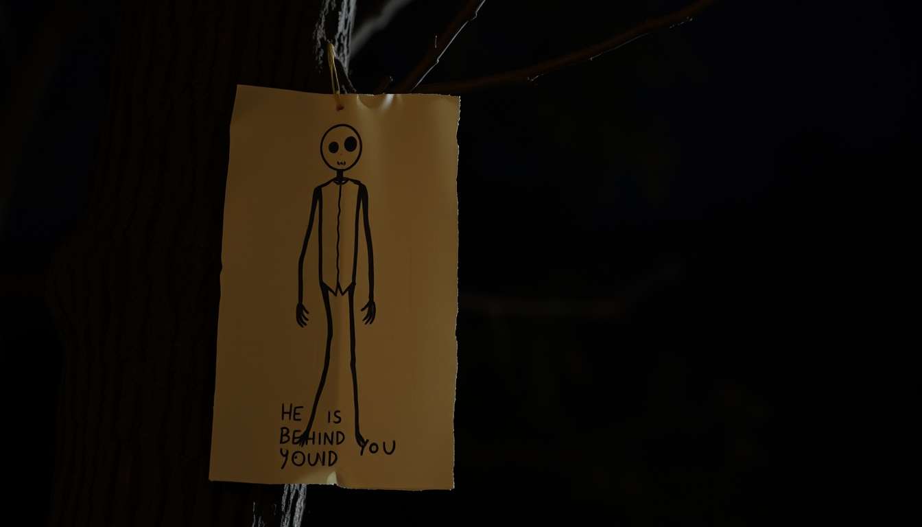 A hand-drawn slender man on paper and a handwritten text that says 'HE IS BEHIND YOU', attached to a tree branch, in the middle of the night. - Image