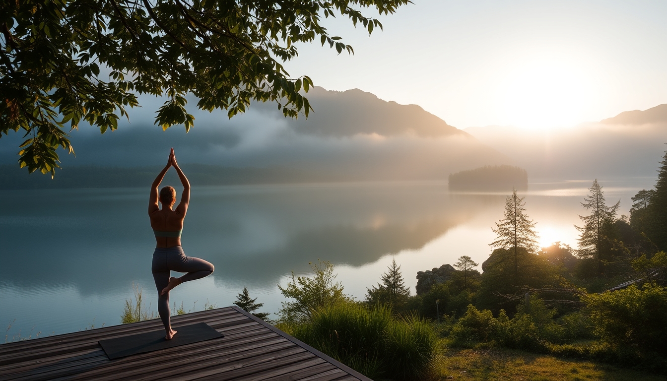 A serene landscape featuring a yoga practitioner on a wooden deck overlooking a tranquil lake, surrounded by misty mountains at sunrise.