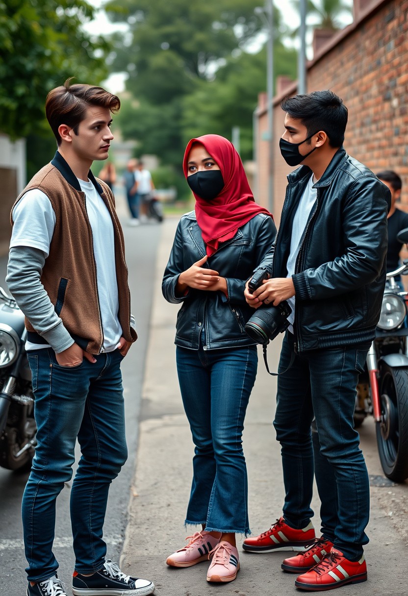 Jamie Dornan and Freddie Prinze, head and body shot, handsome, young, serious face, dark brown hair, white T-shirt, college jacket, skinny jeans, sneakers, standing, discussing with two guys and a young Muslim girl in a short red hijab, beautiful eyes, black face mask, black leather jacket, bell-bottom jeans, red sneakers, holding a Canon DSLR camera, near a town road, superbike, hyper-realistic, street photography, brick wall, full body photo, three other random friends in the back. - Image