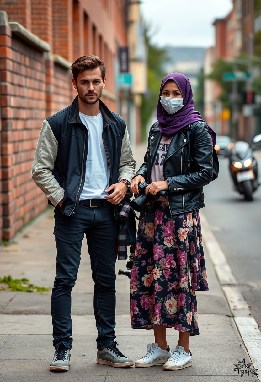 Jamie Dornan and Freddie Prinze head and body shot, handsome, young, serious face, dark brown-haired, white t-shirt, collage jacket, skinny jeans, sneakers, standing, talking to each other with a not tall purple hijab Muslim girl, beautiful eyes, face mask, black leather jacket, biggest floral skirt, holding a Canon DSLR camera, near town road, superbike, hyper-realistic, street photography, brick wall, full body photo. - Image