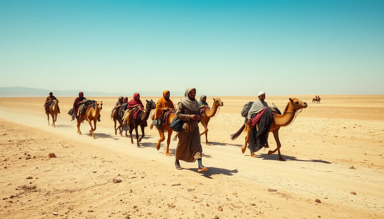 Photo-realistic group of different people migrating and traveling on barren land.