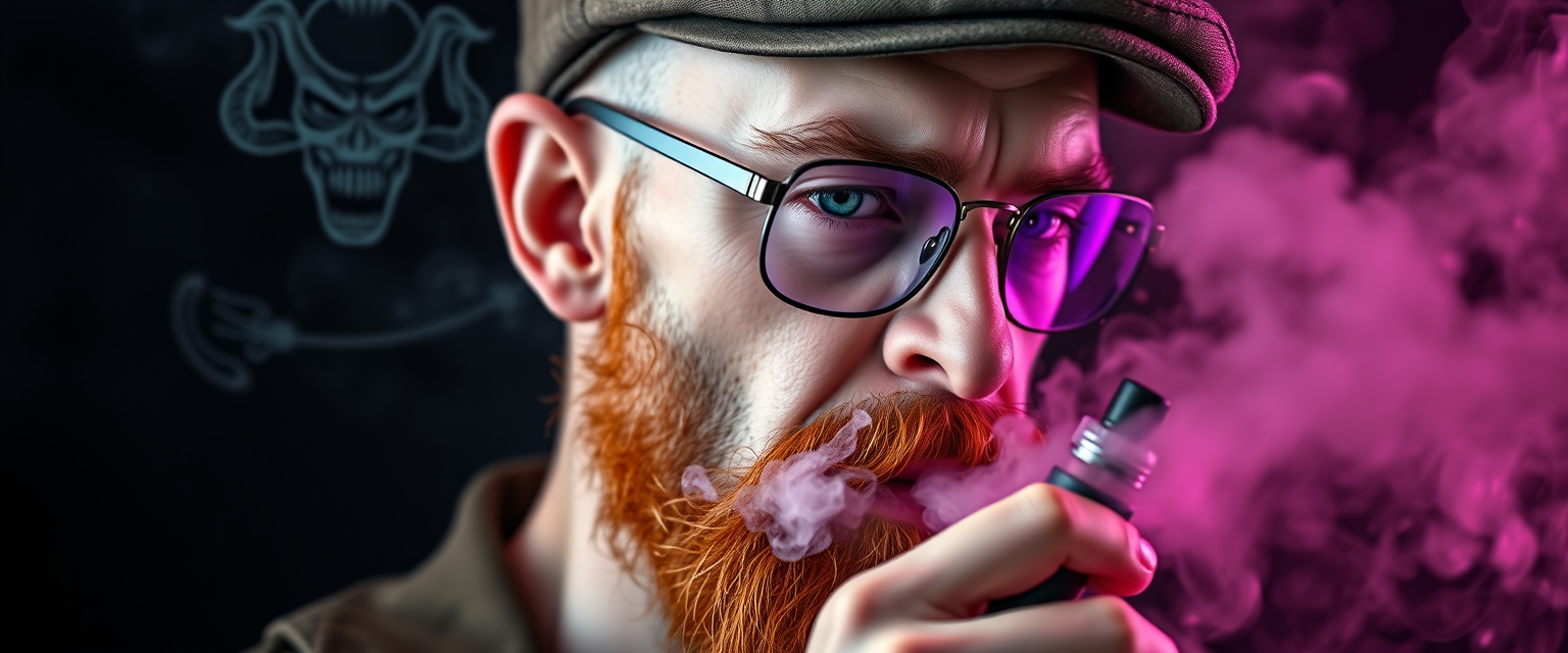 Three-quarter view of a sinister, bald human male with demonic features. Short ginger beard contrasts with dark eyebrows. Wears a weathered flat cap and reflective aviator glasses. Clutches a sleek vape mod, exhaling dense, swirling vapor clouds. Vibrant e-liquid drips off his pale skin, creating a colorful aura. Hyper-realistic, highly detailed. - Image