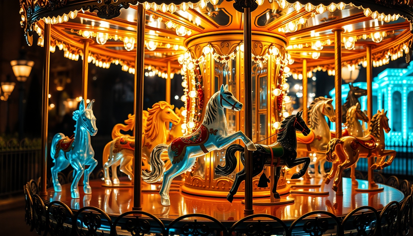 A whimsical glass carousel with beautifully detailed animals, lit up at night.